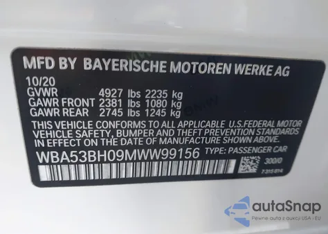 2021 BMW 530I z USA, uszkodzony, nr VIN WBA53BH09MWW99156